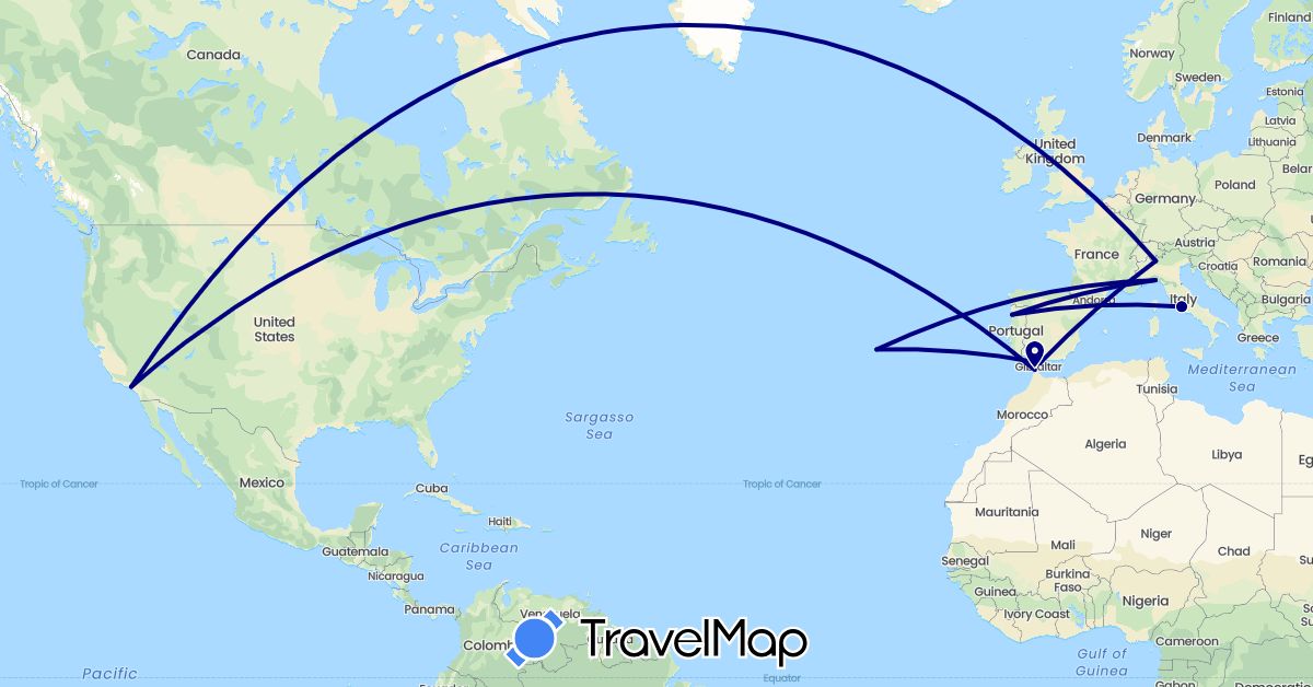 TravelMap itinerary: driving in Spain, Italy, Morocco, Portugal, United States (Africa, Europe, North America)